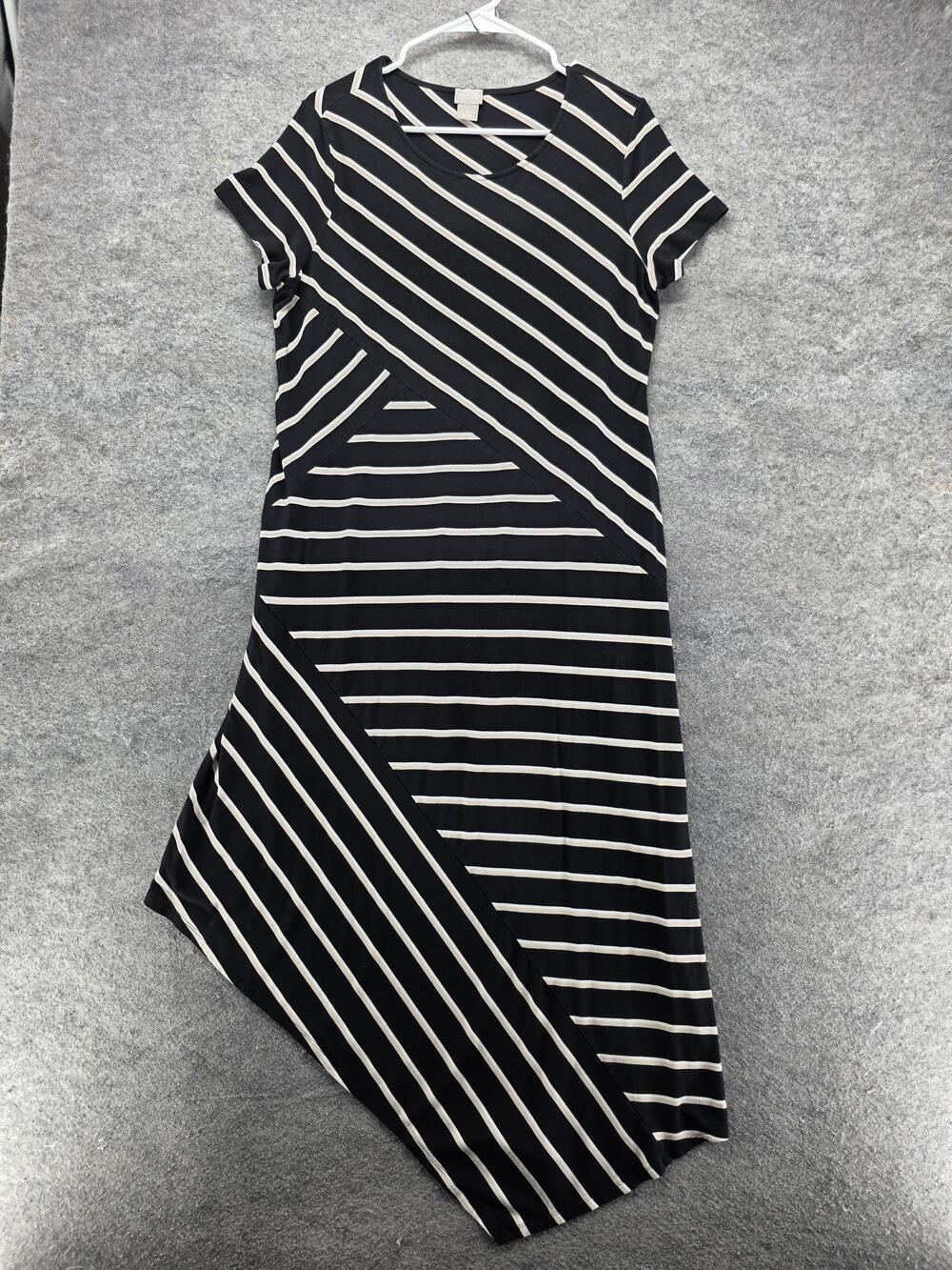 Chico's Dress Womens 12 Black Striped Asymmetric T-Shirt V-Neck Stretch